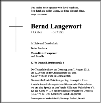 Anzeige  Bernd Langewort  Lippische Landes-Zeitung