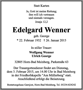 Anzeige  Edelgard Wenner  Lippische Landes-Zeitung