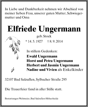Anzeige  Elfriede Ungermann  Lippische Landes-Zeitung