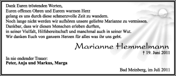 Anzeige  Marianne Hemmelmann  Lippische Landes-Zeitung