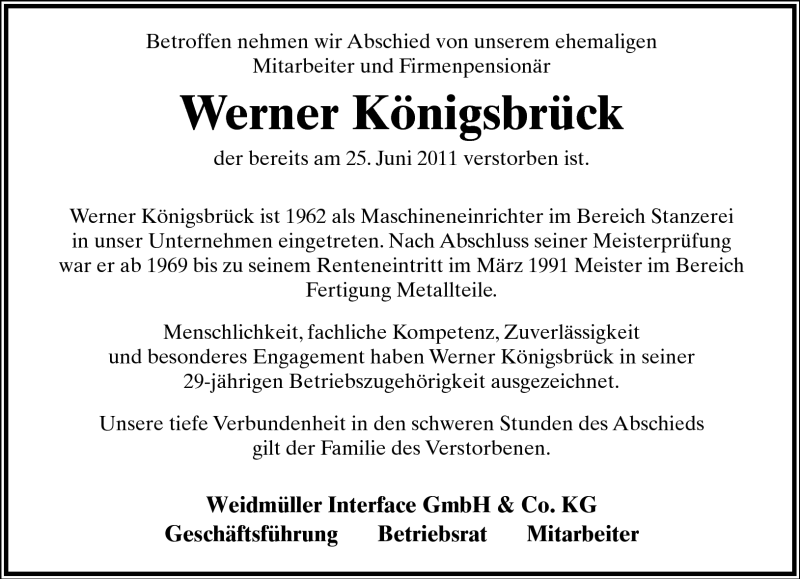  Traueranzeige für Werner Königsbrück vom 09.07.2011 aus Lippische Landes-Zeitung