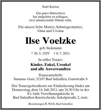 Anzeige  Ilse Voelzke  Lippische Landes-Zeitung