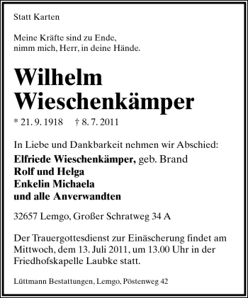 Anzeige  Wilhelm Wieschenkämper  Lippische Landes-Zeitung