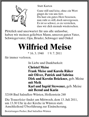Anzeige  Wilfried Meise  Lippische Landes-Zeitung