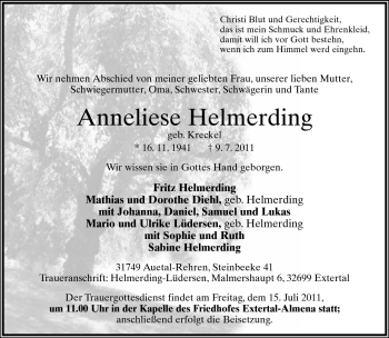 Anzeige  Anneliese Helmerding  Lippische Landes-Zeitung