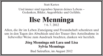 Anzeige  Ilse Menninga  Lippische Landes-Zeitung