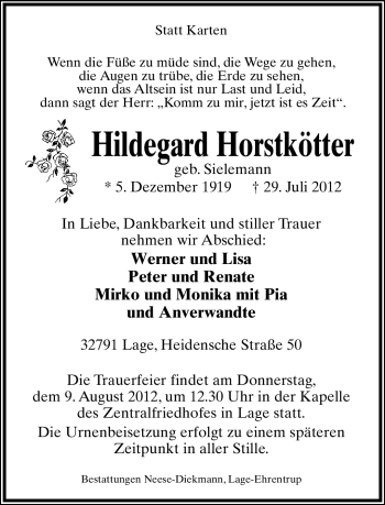 Anzeige  Hildegard Horstkötter  Lippische Landes-Zeitung