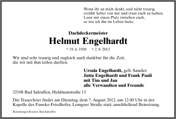 Anzeige  Helmut Engelhardt  Lippische Landes-Zeitung