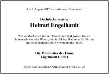 Anzeige  Helmut Engelhardt  Lippische Landes-Zeitung