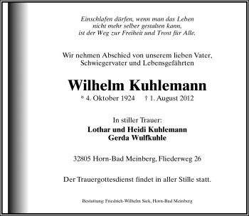 Anzeige  Wilhelm Kuhlemann  Lippische Landes-Zeitung