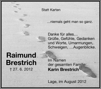 Anzeige  Raimund Brestrich  Lippische Landes-Zeitung