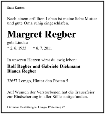 Anzeige  Margret Regber  Lippische Landes-Zeitung