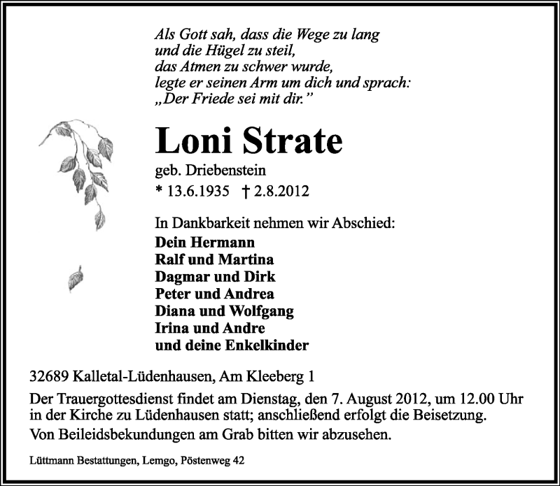  Traueranzeige für Loni Strate vom 04.08.2012 aus Lippische Landes-Zeitung