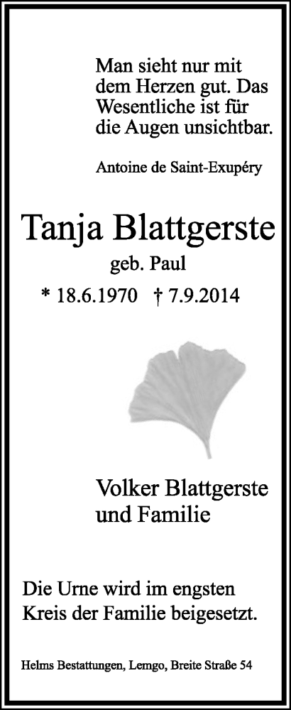  Traueranzeige für Tanja Blattgerste vom 13.09.2014 aus Lippische Landes-Zeitung