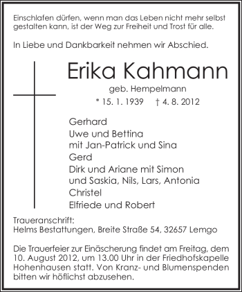 Anzeige  Erika Kahmann  Lippische Landes-Zeitung