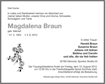 Anzeige  Magdalena Braun  Lippische Landes-Zeitung