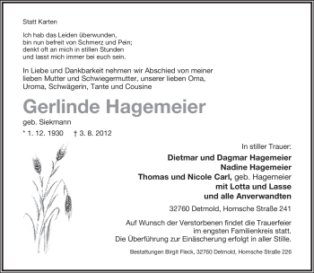 Anzeige  Gerlinde Hagemeier  Lippische Landes-Zeitung