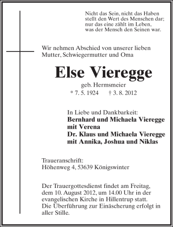 Anzeige  Else Vieregge  Lippische Landes-Zeitung