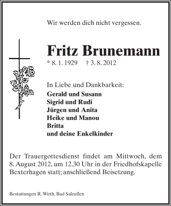 Anzeige  Fritz Brunemann  Lippische Landes-Zeitung