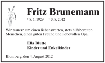 Anzeige  Fritz Brunemann  Lippische Landes-Zeitung