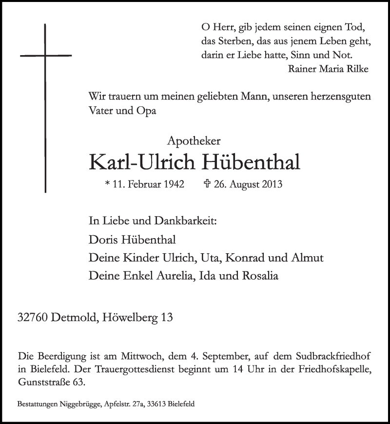  Traueranzeige für Karl-Ulrich Hübenthal vom 31.08.2013 aus Lippische Landes-Zeitung