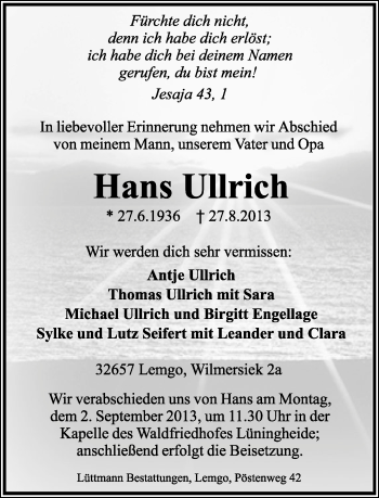 Anzeige  Hans Ullrich  Lippische Landes-Zeitung