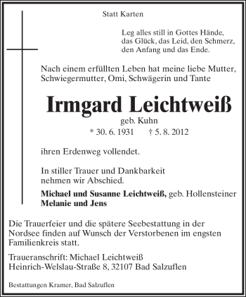Anzeige  Irmgard Leichtweiß  Lippische Landes-Zeitung