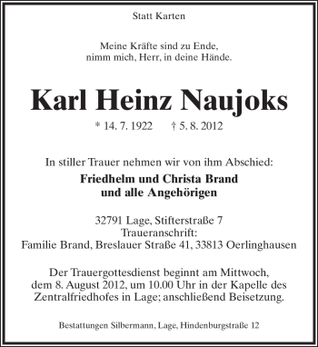 Anzeige  Karl Heinz Naujoks  Lippische Landes-Zeitung