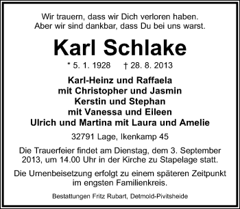 Anzeige  Karl Schlake  Lippische Landes-Zeitung
