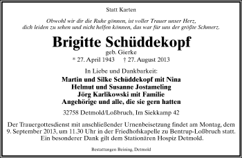 Anzeige  Brigitte Schüddekopf  Lippische Landes-Zeitung