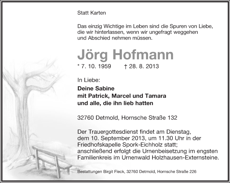  Traueranzeige für Jörg Hofmann vom 31.08.2013 aus Lippische Landes-Zeitung