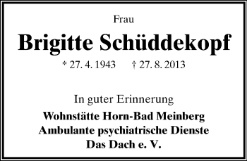 Anzeige  Brigitte Schüddekopf  Lippische Landes-Zeitung