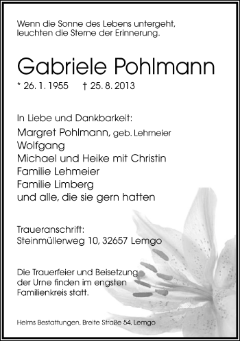 Anzeige  Gabriele Pohlmann  Lippische Landes-Zeitung