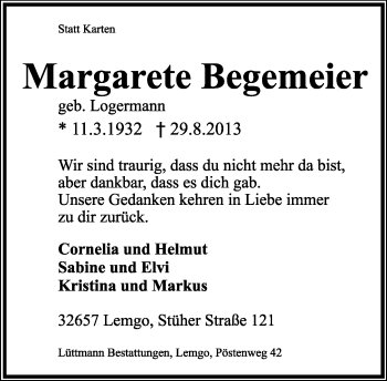 Anzeige  Margarete Begemeier  Lippische Landes-Zeitung