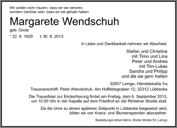 Anzeige  Margarete Wendschuh  Lippische Landes-Zeitung