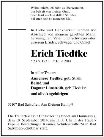 Anzeige  Erich Tiedtke  Lippische Landes-Zeitung