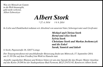 Anzeige  Albert Stork  Lippische Landes-Zeitung