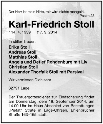 Anzeige  Karl-Friedrich Stoll  Lippische Landes-Zeitung