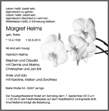 Anzeige  Margret Helms  Lippische Landes-Zeitung