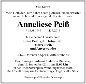 Anzeige  Anneliese Peiß  Lippische Landes-Zeitung