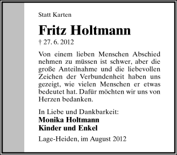 Anzeige  Fritz Holtmann  Lippische Landes-Zeitung