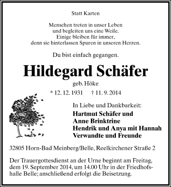 Anzeige  Hildegard Schäfer  Lippische Landes-Zeitung