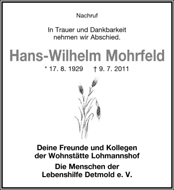Anzeige  Hans-Wilhelm Mohrfeld  Lippische Landes-Zeitung