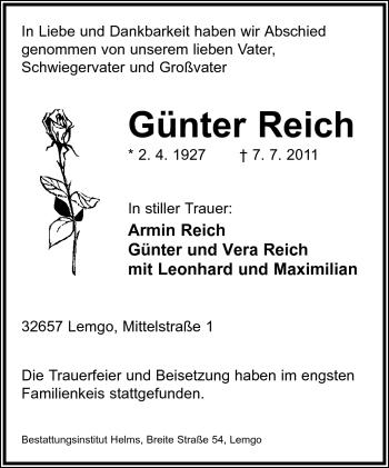 Anzeige  Günter Reich  Lippische Landes-Zeitung
