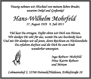 Anzeige  Hans-Wilhelm Mohrfeld  Lippische Landes-Zeitung