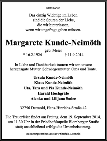 Anzeige  Margarete Kunde-Neimöth  Lippische Landes-Zeitung