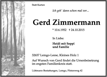 Anzeige  Gerd Zimmermann  Lippische Landes-Zeitung