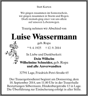 Anzeige  Luise Wassermann  Lippische Landes-Zeitung