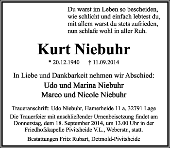 Anzeige  Kurt Niebuhr  Lippische Landes-Zeitung
