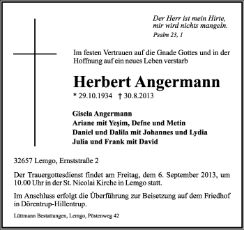 Anzeige  Herbert Angermann  Lippische Landes-Zeitung